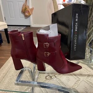 New York & Company Wine Pointed-Toe Double-Buckle Ankle Boots